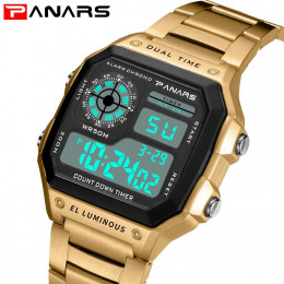 PANARS Top Luxury Stainless Steel Strap Sport Watches Mens Waterproof Back Light Digital Wristwatch Male Alarm 