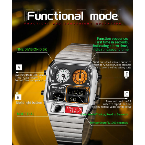 SANDA 3192 Hot-selling LED Electronic Square Men's Youth Casual Multi-function Thermometer Stopwatch Chronograph Men’s Watch