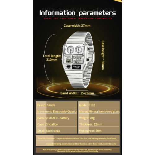 SANDA 3192 Hot-selling LED Electronic Square Men's Youth Casual Multi-function Thermometer Stopwatch Chronograph Men’s Watch