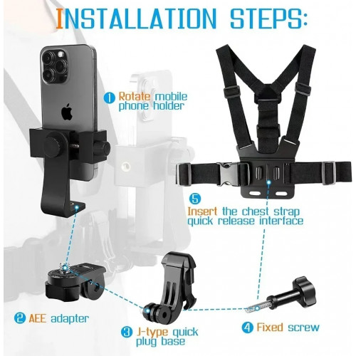 Adjustable Phone Holder with Chest Strap Mount for Sports Camera Mobile Phone Accessories Black Stand