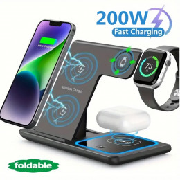 200W 3 in 1 Wireless Charger Stand Pad Foldable Fast Charging Station Dock For iPhone 16 15 14 13 12 11 X 8 Apple Watch Airpods 