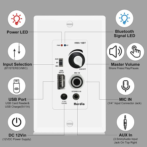 Herdio 6.5'' 2PCS Bluetooth Ceiling Speakers 320 Watt Flush Mount In Wall Amplifier Receiver Perfect For Indoor Home Bathroom