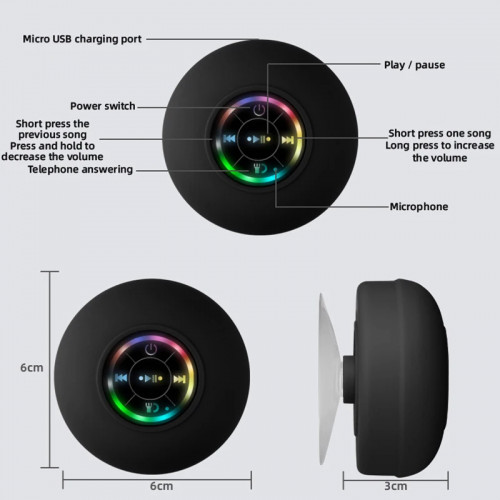 Mini Bluetooth Speaker Shower Subwoofer Waterproof Handsfree Loudspeaker RGB Light with Suction Cup Mic for Bathroom Pool Beach