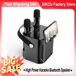 XIKCU High Power Karaoke Bluetooth Speaker Portable Stereo Surround Wireless Subwoofer with 2 Microphone Boombox Child Home Gift 