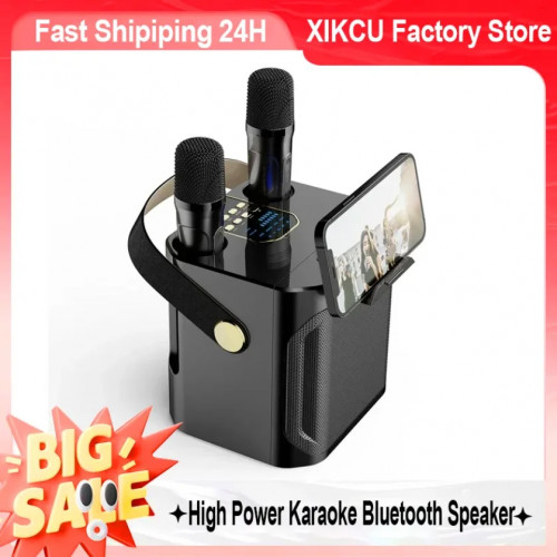 XIKCU High Power Karaoke Bluetooth Speaker Portable Stereo Surround Wireless Subwoofer with 2 Microphone Boombox Child Home Gift