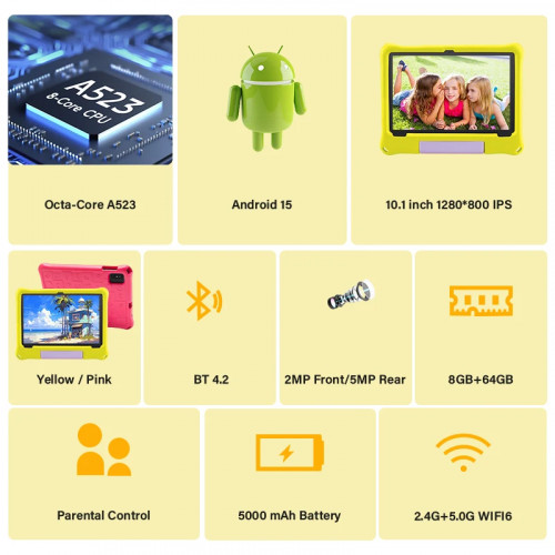 10.1 inch Android 15 Kids Tablet 8GB(4+4 Expand) RAM 64GB ROM 5000Mah Octa-core Educational Children's Tablets WIFI Ipad PC