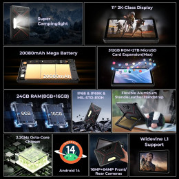 New HOTWAV R9 Plus Rugged Tablet Android14 11" FHD 2K+20080Mah Battery 20W Charge tablets 16MP+64MP Camera 8+512GB Camping light