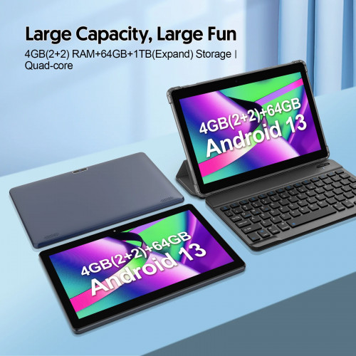 BAKEN Android tablet 10.1 inches, quad-core processor, 4(2+2)GB+64GB, 1TB expandable memory (need to be purchased separately)