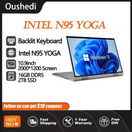 Oushedi 2-in-1 Tablet Laptop 10.9-inch Touch Screen 16GB DDR5 2TB SSD HD Camera Backlit Keyboard 360° Folding Intel N95 Laptop 