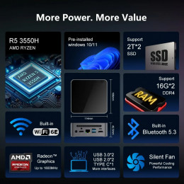 Mini PC AMD Ryzen 5 3550H mini pc Computer DDR4 16GB RAM 512GB ROM Low Power Support Windows 11 WIFI6E BT5.3 Desktop Computer