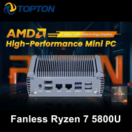 Fanless AMD Mini Gaming PC FU02 Ryzen 7 7730U 5825U Mini Computer Windows 11 Dual LAN Firewall Router 2*HDMI2.0 NVMe DDR4 WiFi6 
