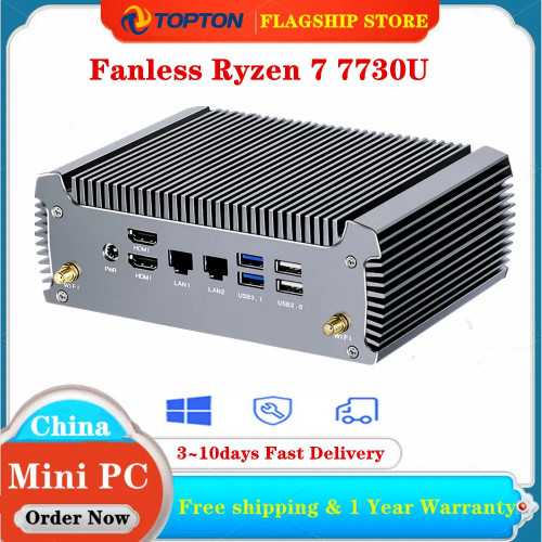 Fanless AMD Mini Gaming PC FU02 Ryzen 7 7730U 5825U Mini Computer Windows 11 Dual LAN Firewall Router 2*HDMI2.0 NVMe DDR4 WiFi6