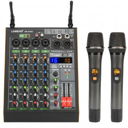 LOMEHO 4 Channel Mixing Console 16 Effect Bluetooth Sound Audio Mixer with 2 Adjustable Frequency Wireless Microphone AM-AKS2 