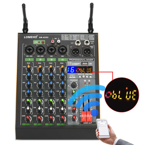 LOMEHO 4 Channel Mixing Console 16 Effect Bluetooth Sound Audio Mixer with 2 Adjustable Frequency Wireless Microphone AM-AKS2