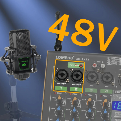 LOMEHO 4 Channel Mixing Console 16 Effect Bluetooth Sound Audio Mixer with 2 Adjustable Frequency Wireless Microphone AM-AKS2