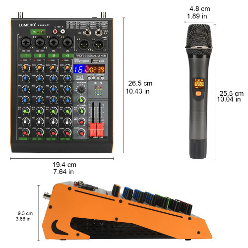 LOMEHO 4 Channel Mixing Console 16 Effect Bluetooth Sound Audio Mixer with 2 Adjustable Frequency Wireless Microphone AM-AKS2