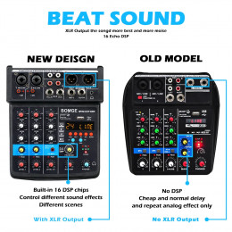 BBOMGE 4 Channel 24 DSP DJ Audio Sound Mixer Interface Mixing Console Desktop Karaoke with MP3 Input USB Bluetooth Input Stereo