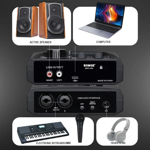BOMGE mini 2 Channel USB Audio Interface sound card Recording Streaming and Podcasting with XLR/48V Phantom Power for Guitarist - 44