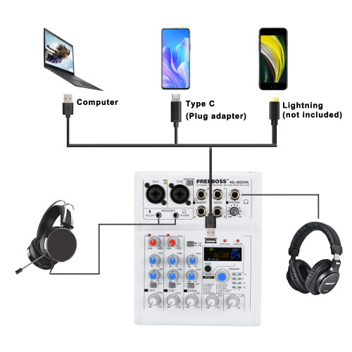 FREEBOSS Mixing Console Mobile Broadcast 4 Channel Bluetooth PC USB Play Record 88 DSP Digital Effect Sound Audio Mixer AG-AS04A