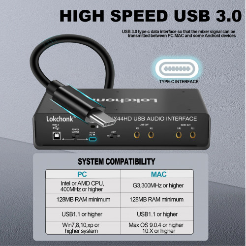 UX44 Audio Interface Sound Card 4-Channel Mixer 32-bit/192KHz for Game Voice,Podcast,Live Recording,Professional Studio Singing