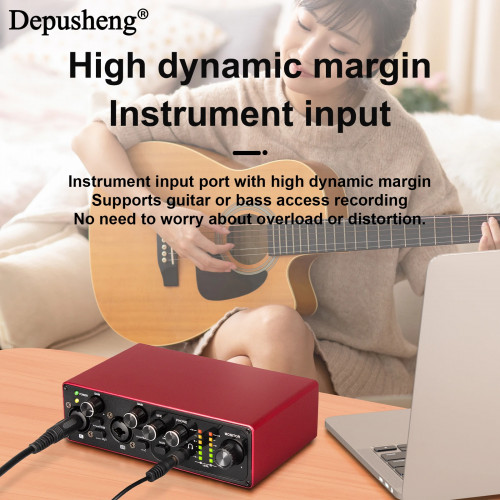 Professional Sound Card Depusheng MK22P USB Audio Interface 48v Phantom Power Supply for Live Studio Streaming Podcasts