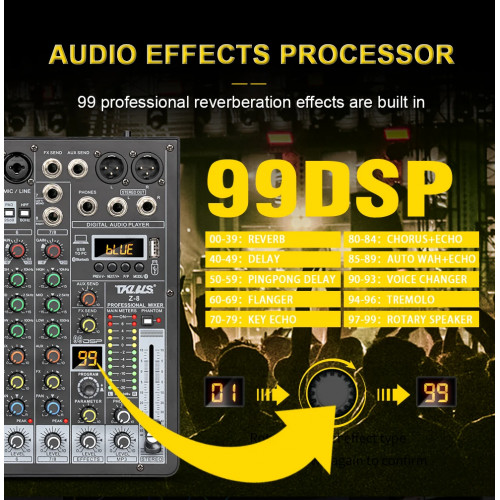TKL Z-8 Professional 8channel Mixing 99DSP Console Balance Bluetooth USB Interface Party Stage Family