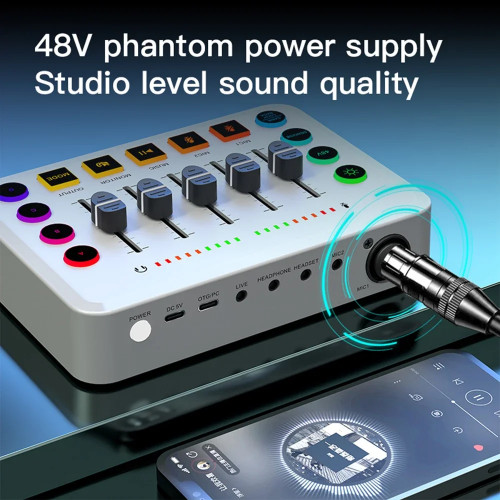 F9 Live Sound Card Voice Changed Colorful Light 48V Phantom Power Professional 5 Channel Sound Card Live Streaming Dj Equipment
