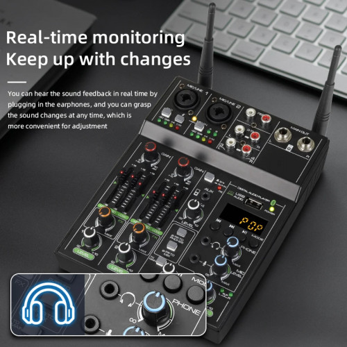 Audio Mixer 4 Channel High Power Amplifie Sound mixing with Microphone Depusheng UF4-M Digital Board Console for Karaoke Stage