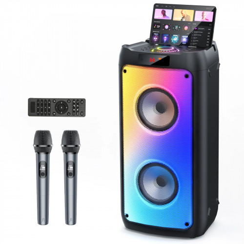 T10-T Karaoke Machine with 2 Wireless Microphones, Portable Bluetooth Speaker for Adults and Children, Large Party PA System
