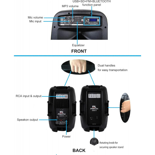 PRORECK Dance 12 Portable 12-Inch 1000 Watts 2-Way Powered PA Speaker System Combo Set with Bluetooth/USB/SD Card Reader/FM