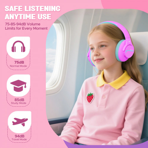 Kids ANC Wireless Over Ear Bluetooth Headphones Noise Cancelling Headphones & Hearing Protection for Travel/School Girls Gift