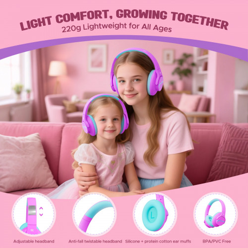 Kids ANC Wireless Over Ear Bluetooth Headphones Noise Cancelling Headphones & Hearing Protection for Travel/School Girls Gift
