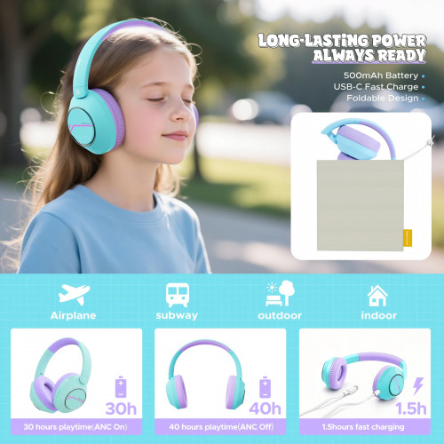 Nova1Pro Kids ANC Wireless Headphones Bluetooth 5.4 42dB Active Noise Cancellation Earphones with Mic 75/85/94dB Volume Limited