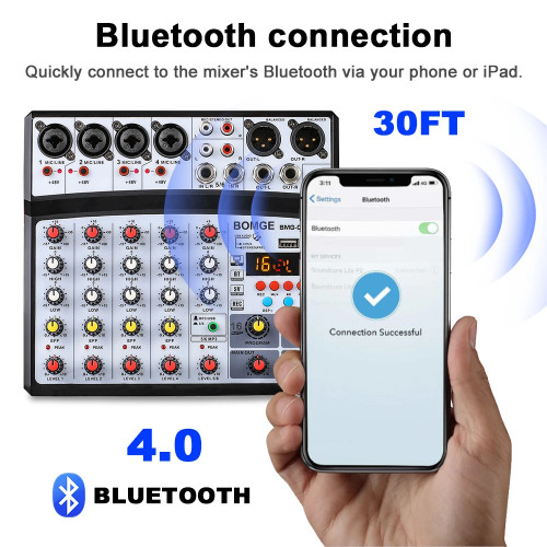 BOMGE 6 Channel 16 DSP Echo DJ Audio Sound Mixer Interface Mixing Console Karaoke With MP3 USB Bluetooth Stereo record 48V