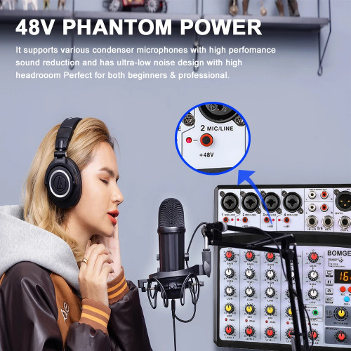 BOMGE 6 Channel 16 DSP Echo DJ Audio Sound Mixer Interface Mixing Console Karaoke With MP3 USB Bluetooth Stereo record 48V