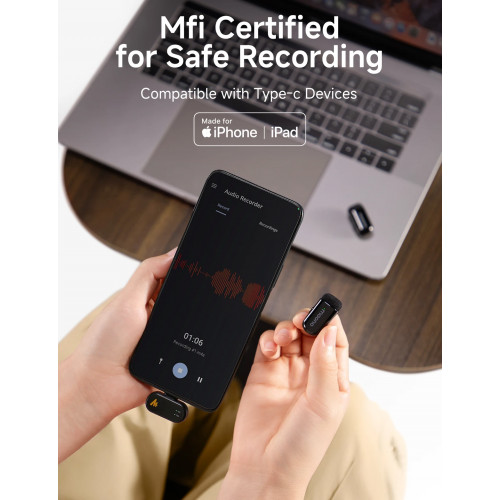 MAONO T1mini Wireless Lapel Microphone for Phone-Noise Cancellation Auto Clipping Function App Setting Audio Video Recording Mic