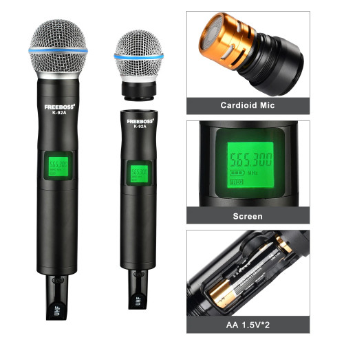 Freeboss Dual Way Wireless Microphone Dynamic UHF 2 Handheld Transmitter Cardioid Double Mic Church Karaoke Home Stage ​K-92A