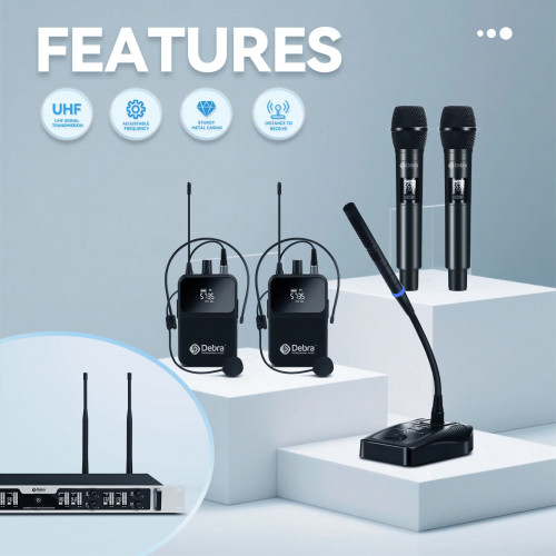 Debra DU8008 Wireless Handheld Microphone System, UHF 8-channel, Lavalier, Headset, Conference Microphone for Hosting, Karaoke