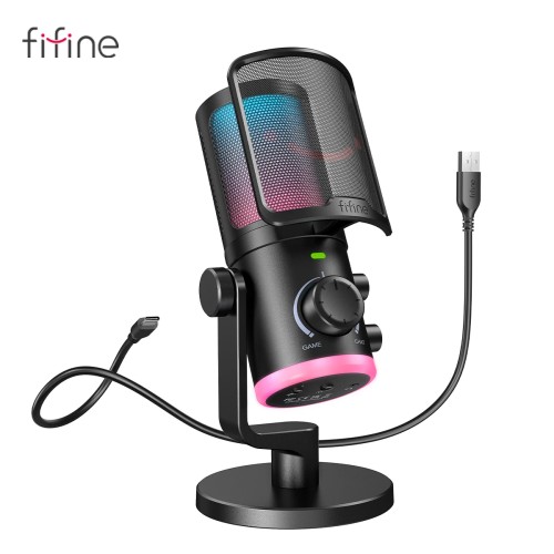 FIFINE USB Gaming Microphone with Noise Cancellation/RGB/Gain&Balance Knob,Condenser Mic for Streaming Podcasting-Ampligame AM6 