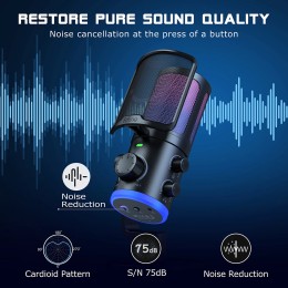FIFINE USB Gaming Microphone with Noise Cancellation/RGB/Gain&Balance Knob,Condenser Mic for Streaming Podcasting-Ampligame AM6 