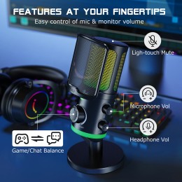FIFINE USB Gaming Microphone with Noise Cancellation/RGB/Gain&Balance Knob,Condenser Mic for Streaming Podcasting-Ampligame AM6 