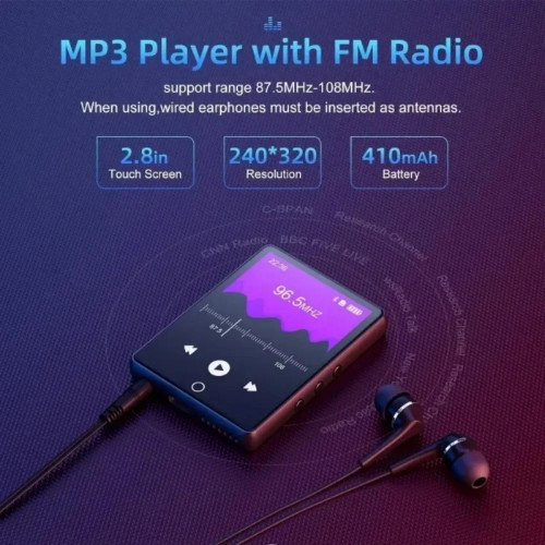 5.0 Bluetooth HiFi MP3 Music Player Mini MP4 Video Playback 2.8 Inch Screen Walkman Audio Player Recorder Sports Running Walking