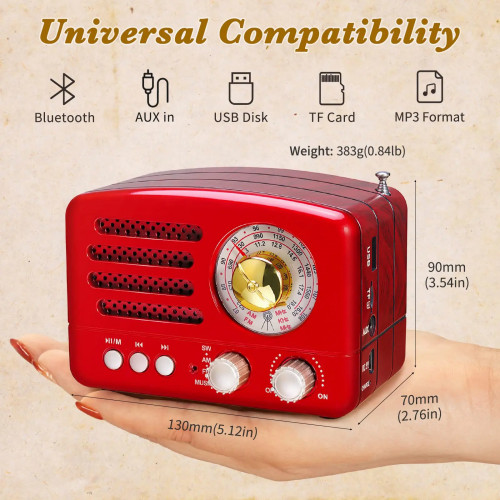Small Retro Vintage Radio with Bluetooth, Portable Transistor Radio AM FM, Rechargeable Battery Operated, Support TF AUX USB MP3