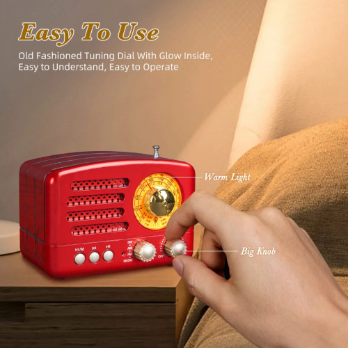 Small Retro Vintage Radio with Bluetooth, Portable Transistor Radio AM FM, Rechargeable Battery Operated, Support TF AUX USB MP3