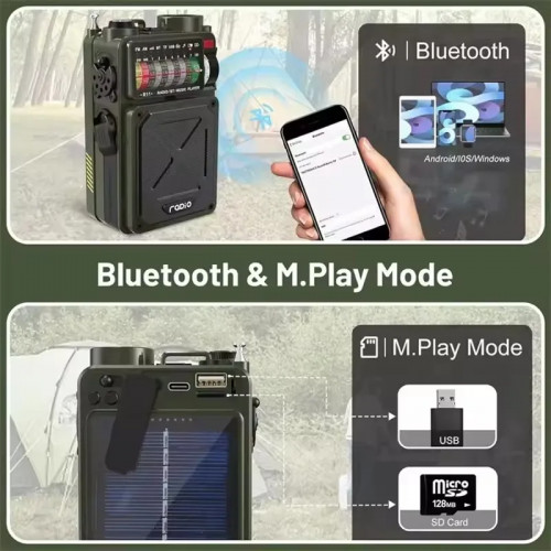 Outdoor Solar Emergency Hand Crank Dynamo Portable Vintage AM/FM/SW Full-band Radio BT5.0 Bluetooth Speaker With Flashlight SOS
