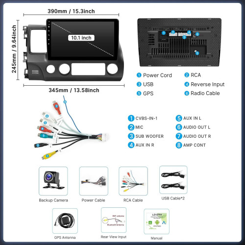 10.1 Inch Wireless Car Stereo for Honda Civic 2006-2011 CarPlay Android Auto Touch Screen Car Radio with Backup Camera GPS WIFI