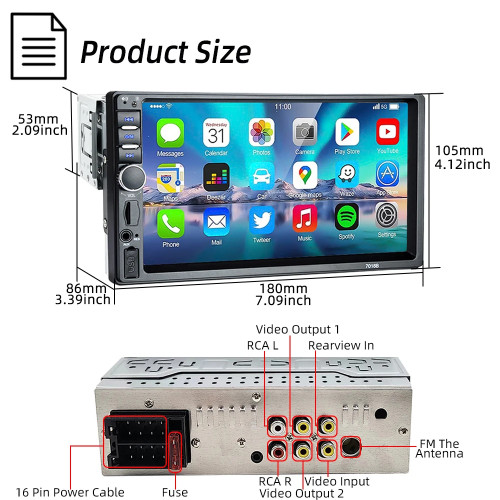 HIPPBQCC Car Radio 7 Inch 1 Din MP5 Multimedia Player Touch Screen FM ISO Power Aux Input Bluetooth USB Mirror Link Universal