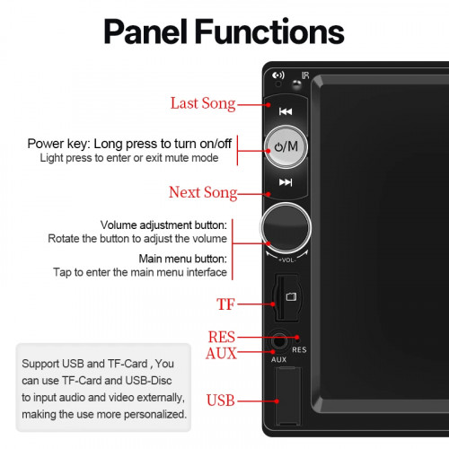 HIPPCRON 7inch Car Radio 2din HD Touch Screen MP5 Player Bluetooth 12V FM ISO Power Aux Input Mirror Link Multimedia Player