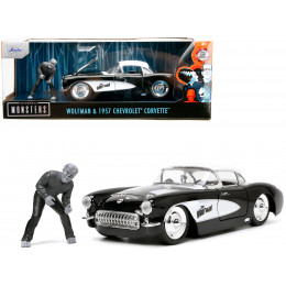 1957 Chevrolet Corvette Black with White Top and Wolfman Diecast Figure 