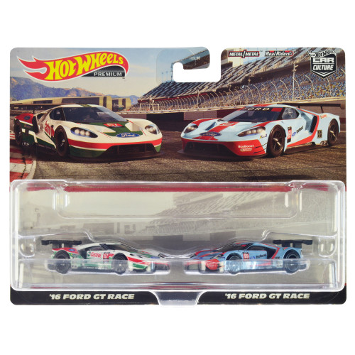 2016 Ford GT Race #67 White with Green and Red Stripes and 2016 Ford GT Race #69 Light Blue Metallic with Orange Stripes 